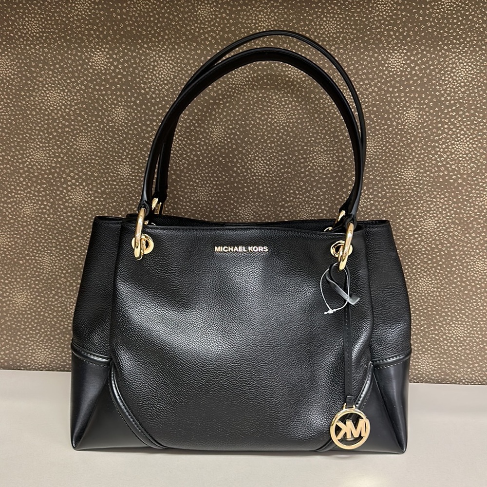 🔥🔥🔥NEW Michael Kors Nicole Large Black Leather Shoulder Bag Tote - Picture 1 of 16